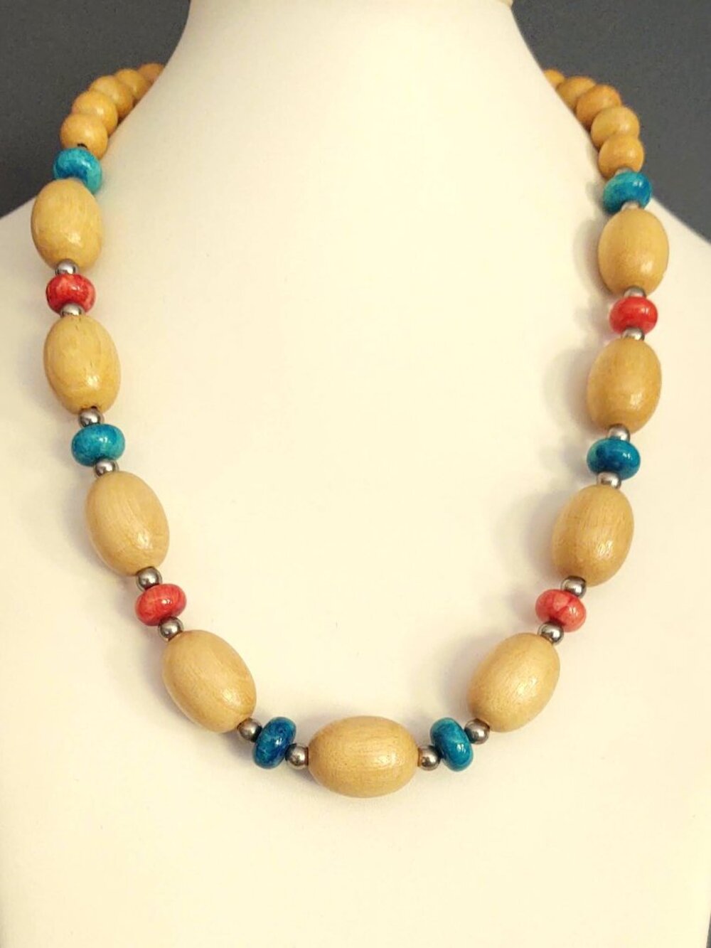 Natural toned wooden bead necklace with coral & turquoise ceramic beads